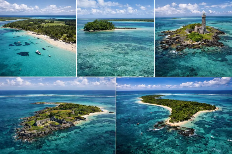 Aerial view of the islets of the South East lagoon of Mauritius