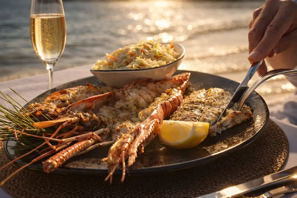 Grilled lobster platter with champagne served onboard