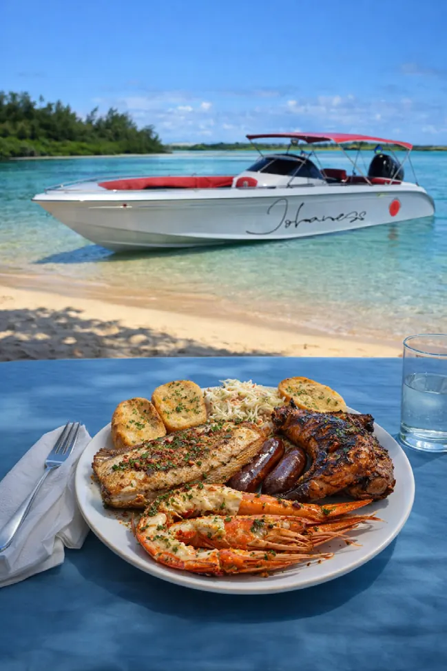 Privates Johaness-Schnellboot an einem weißen Strand mit BBQ-Meeresfrüchteplatte